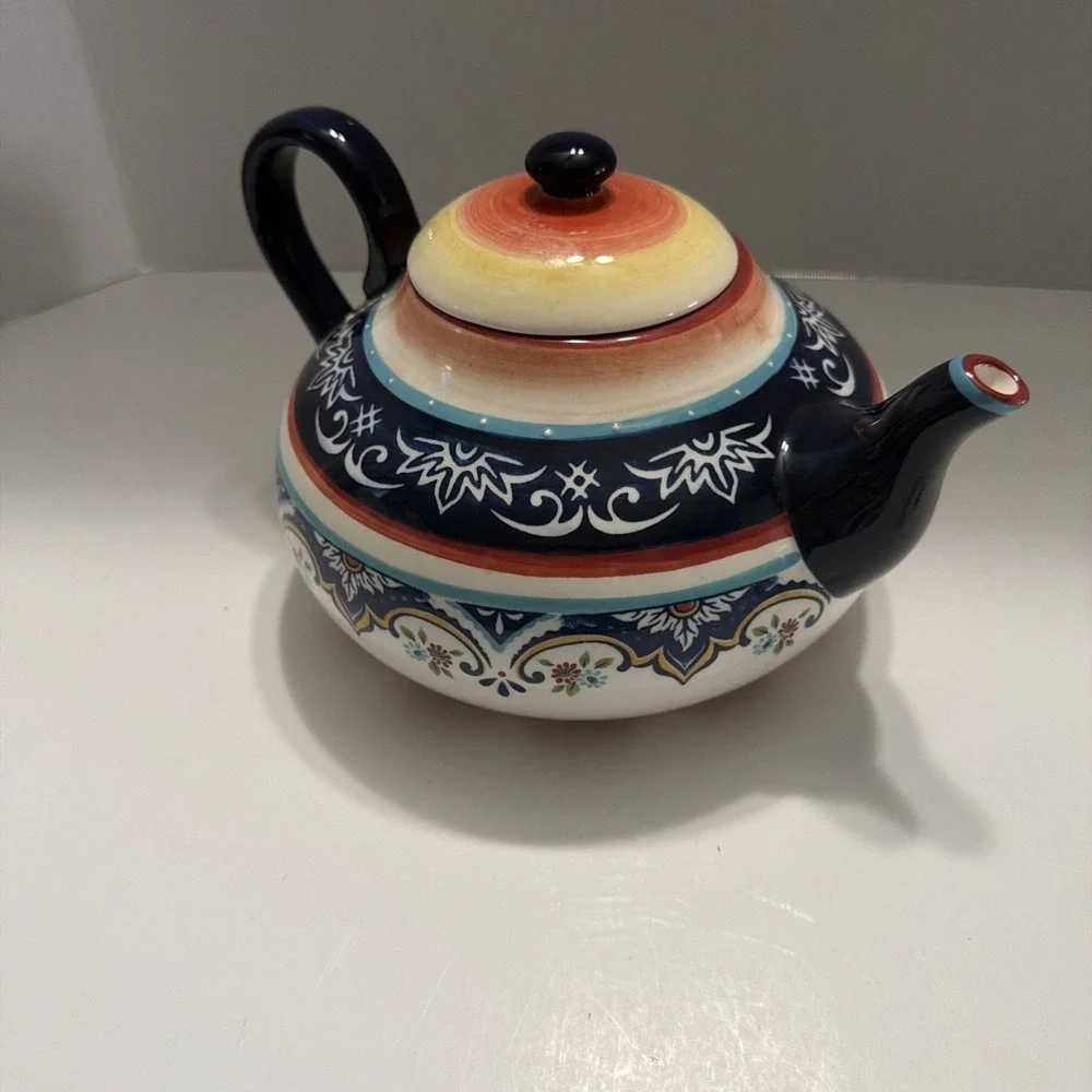 Bella Casa by Ganz Ceramic Teapot Boho Floral Navy Blue BC12812